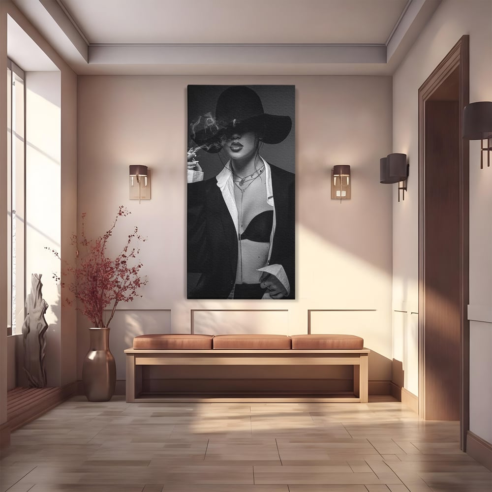 Tablou canvas cu tablou canvas cu femeie fumand sub palarie, fara rama, pe sasiu de lemn
